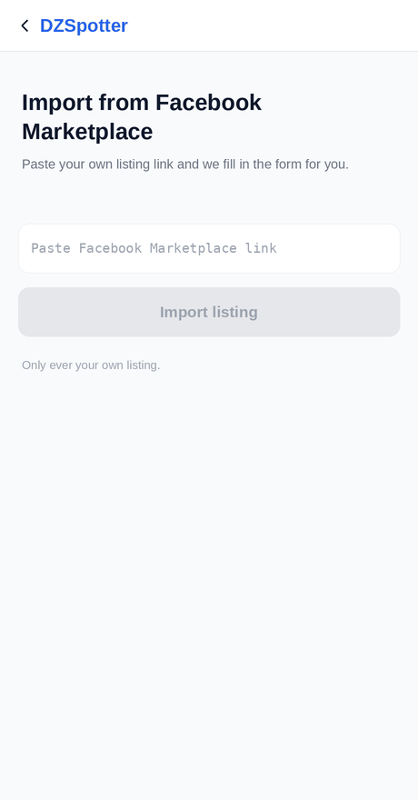 Pasting a Facebook Marketplace link and the DZSpotter listing form filling in automatically
