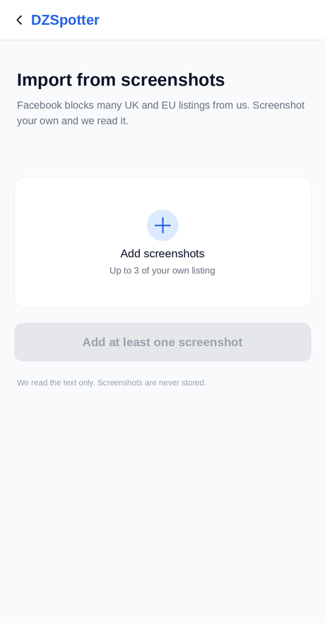 Adding screenshots of a Facebook listing and the DZSpotter form filling in from them